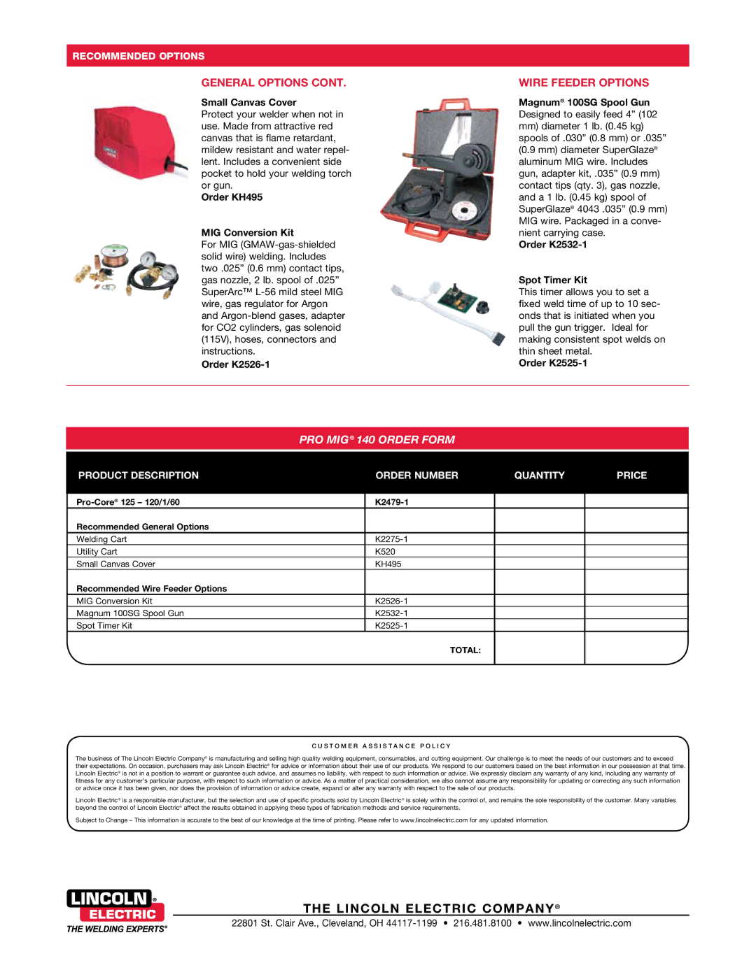 Lincoln Electric 125 warranty Wire Feeder options 